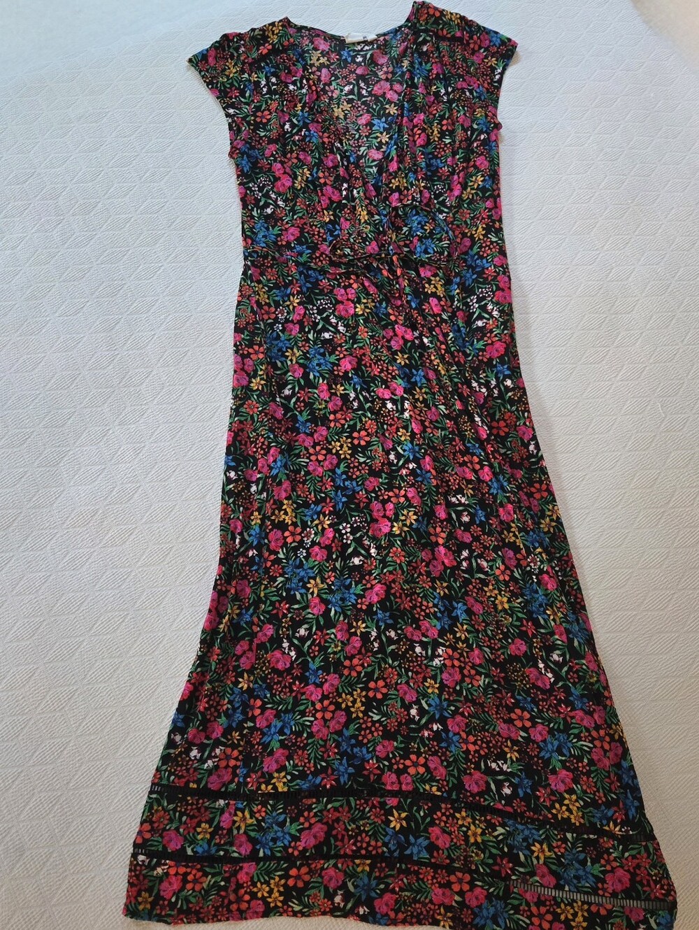 Gap Black Floral Maxi WRAP Dress with Pink & Blue Blooms Small